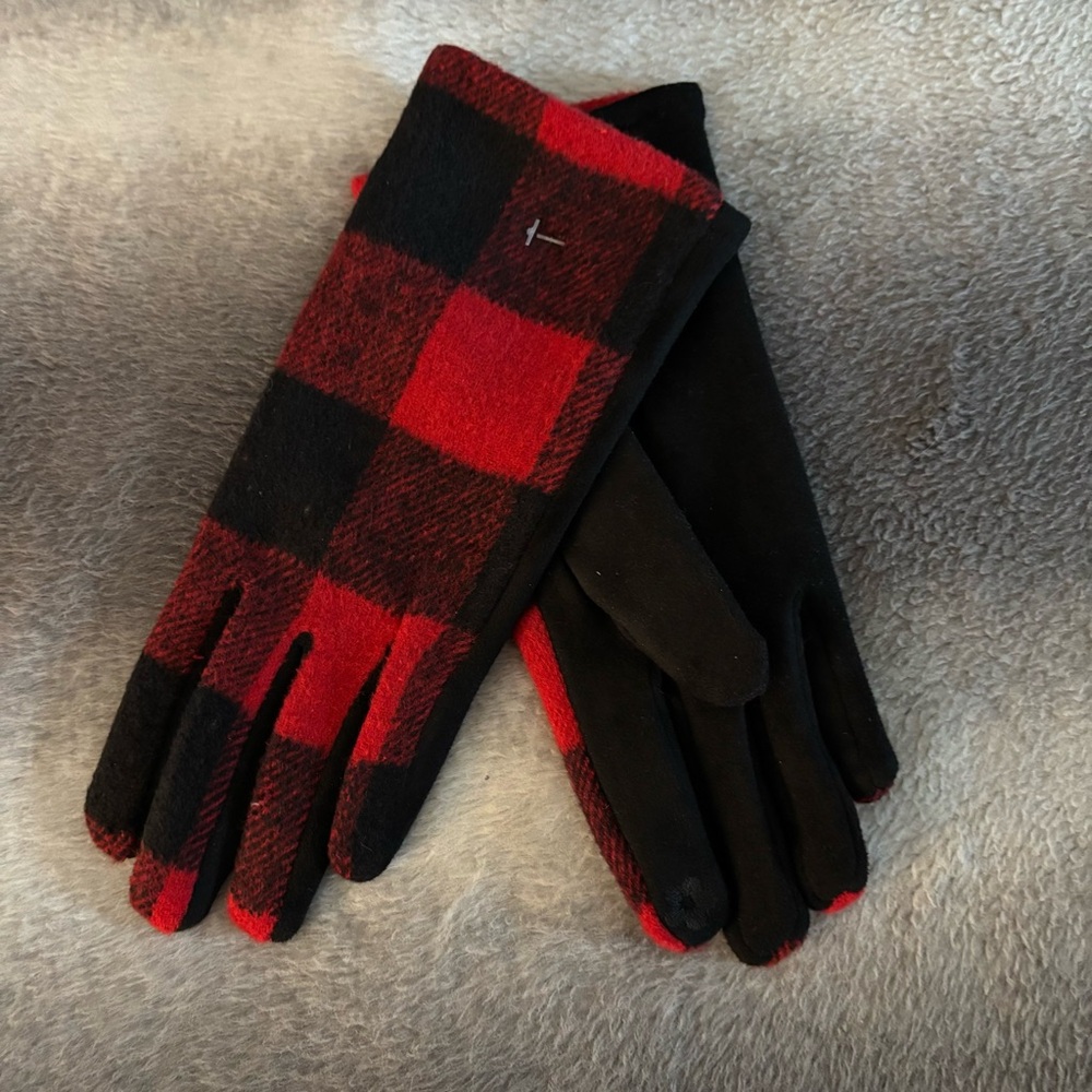 Women’s Buffalo Plaid Red Black Bold Cozy Touchscreen Winter Gloves One Size - Picture 2 of 3